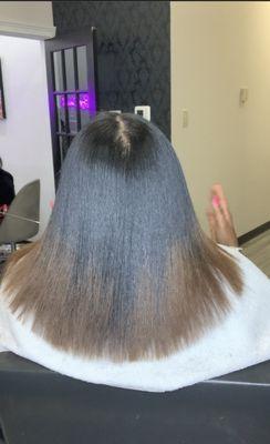 This is a keratin treatment & trim, which reduces frizz allowing hair to stay straight longer. Book  "keratin treatment". Lasts 3-4 months