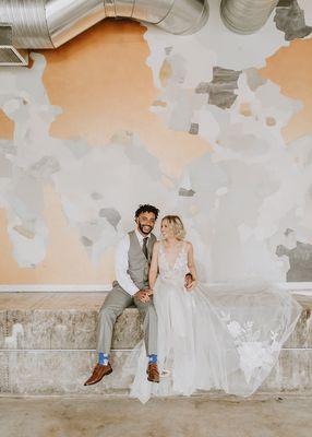 Bride and Groom's modern photo in the atrium.