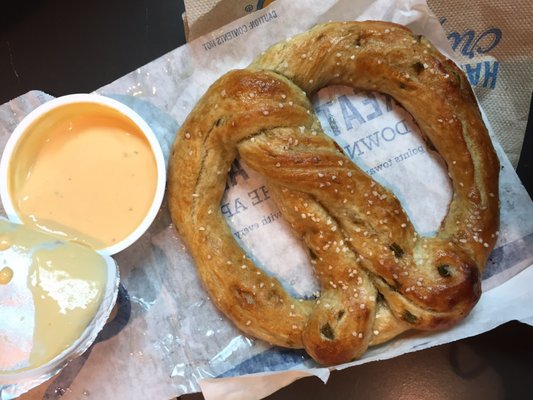 Jalapeño pretzel with hot salsa cheese!