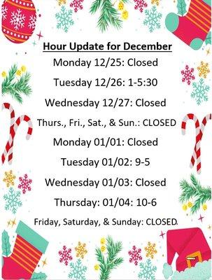 Holiday hours update.