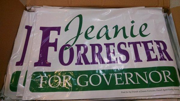 Running for Office? We make lawn signs, plastic bag signs and even 4' x 8' coroplast signs.