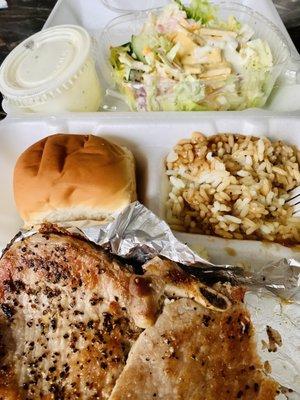 Grilled Pork Chop Dinner Plate.. rice & gravy with Small Side Salad