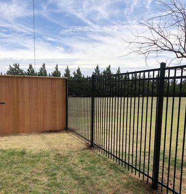 6' Tall Majestic Ameristar Wrought Iron Fence next to a 6' WRC Cap Fence with Clear 6" Wide Boards