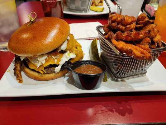 Gold Rush Burger
 beef | smoked pulled pork | cheddar cheese | coleslaw | 
 Taylor Farms apple butter | brioche bun