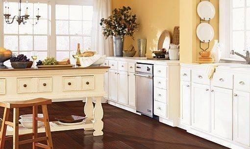 This kitchen looks fabulous on our Brindisi Plank hardwood flooring with ArmorMax Finish in Mocha Maple!