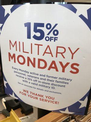 15% off military discounts (Monday's only)