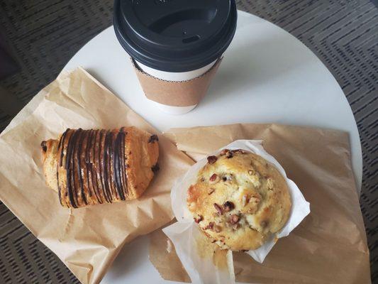 coffee, chocolate croissant, and banana walnut muffin!