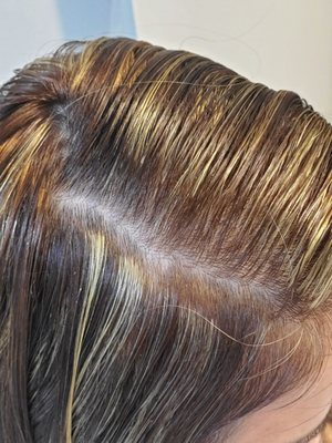 She did not use processor to remove orange tones. Too yellow and streaky. Caramel added to back but not on sides or top. Not blended.