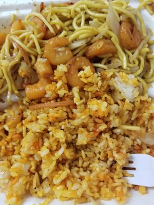 Teriyaki shrimp with fried rice and noodles