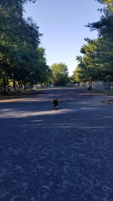 Huge long gravel area with water fountain and benches