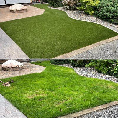 Before (bottom) & After (top) artificial grass DIY install I did using Ewing's EPS Supreme turf.