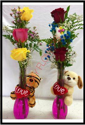 Glass "barbie" arrangement with choice of teddy bear with 3 roses. Please call for pricing details.