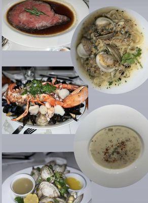 Prime rib, Linguine with white clam sauce, Seafood Feast for two, Clam Chowder and Steam clams