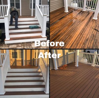 The before and after of deck boards being replaced on an existing deck.