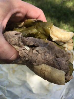 Italian beef with sweet peppers, grilled onion, and somewhere down at the bottom a huge portion of mozzarella cheese