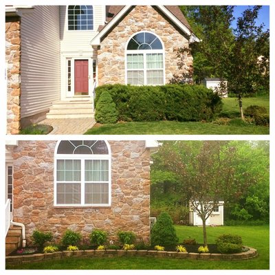 Before & After. Bridgewater, Nj. Out with the old and in with the new. Re-designed the front bed. Installed a 2-layer block decorative edge.