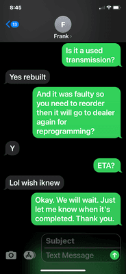 Refusing ETA in hopes we will just walk away. I told him initially we wanted it ASAP  for my daughter who was going back to college.