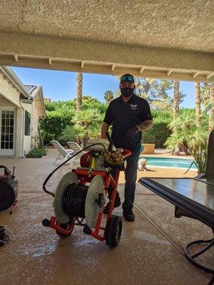 getting ready to start hydro jetting after running a cable through kitchen drain line. And being jealous of the dog sunbathing