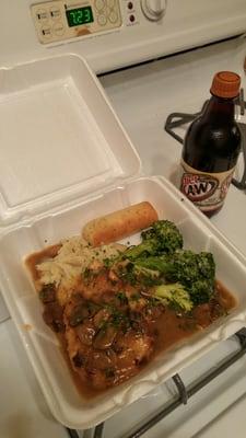 Chicken Marsalla & a diet root beer. A late dinner, but i didn't have to make it.