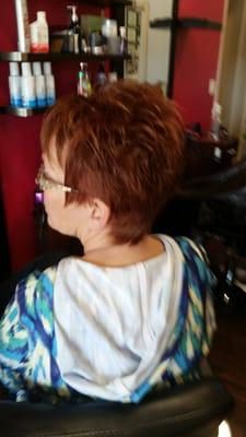 Kathy red touch up color and I tip her ends with another color