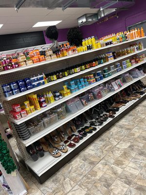 Oils, African sandals, shampoos and conditioners