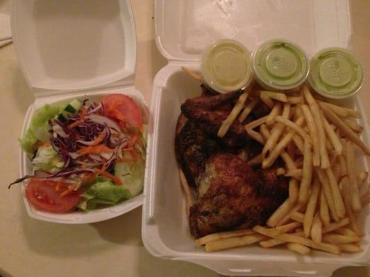 1/2 pollo a la brasa w fries and salad. $8.00