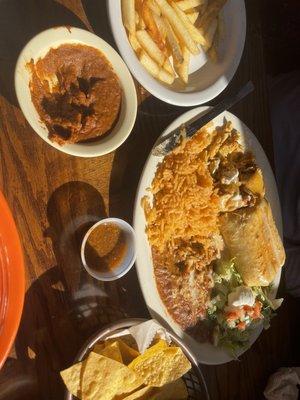 Chicken chimichanga and fries