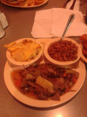 Pot roast, pintos, hash brown casserole