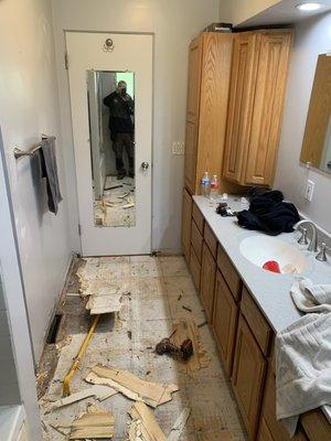 A small demo bathroom remodel with new ceiling LED Canlite, vinyl flooring and new baseboards and painting