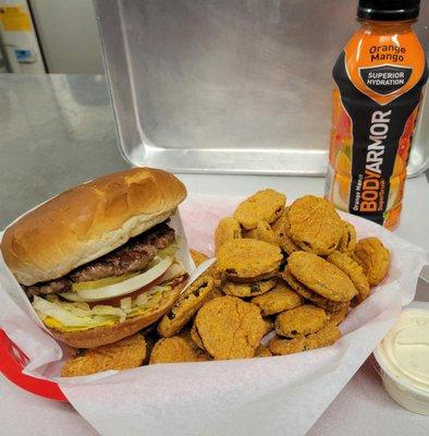 Hamburger all the way with fried pickles