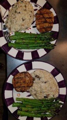 SUPPER! Schwan's Asparagus, Parmessan Rissoto, and grilled Schwan's Pork Chops taste porky and like bacon. A perfect 10!