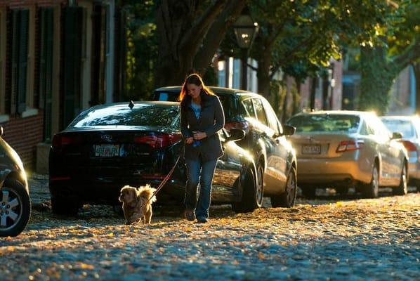 Traci walks Boomer in old town