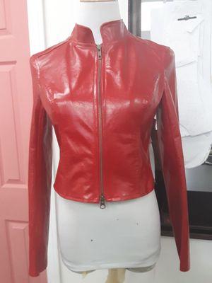 Red leather jacket with a floral designs as a liner for woman