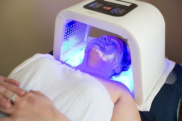 The blue LED decreases the downtime but increases the benefits of the 24K gold face mask procedure.