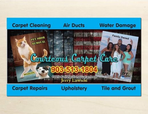 Business card listing all services offered by courteous Carpet Care