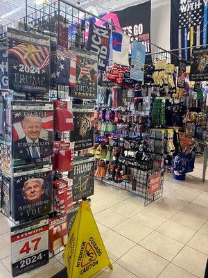 Inside of Trump Superstore! here you can see all the garden flags and Trump flags