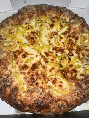 Small cheese light sauce banana pepper pizza with butter parm crust