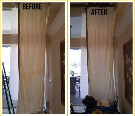 Before and after shot of heavily stained draperies