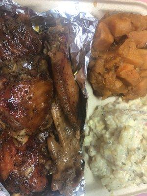 Turkey wings w/potato salad and sweet yams.