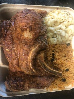 Fried Pork Chops w/ macaroni and rice & beans