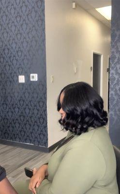 Book under:
 "Quickweave w/ hair purchase" 
 Style: bob cut w/ loose curls 
 Longevity of style: 3-5 weeks