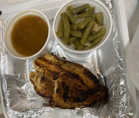 Blackened tilapia with beans & green beans - dry, bland, overcooked fish