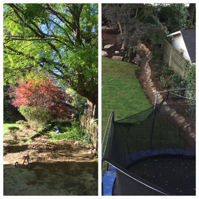 Left-Hot mess. On the right is the view from our bedroom of that side after. Dry rock bed guides rain water away from house.