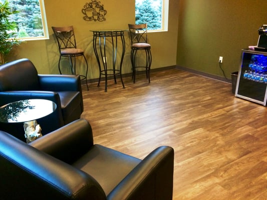 Our spa lounge features relaxing music, keurig coffee and bottled water.