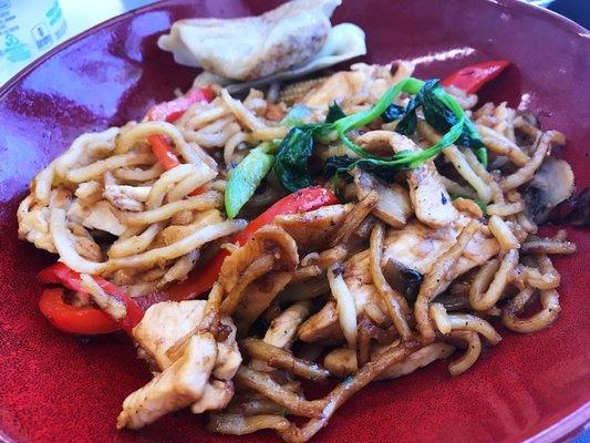 Teriyaki chicken bowl, egg noodles, potstickers