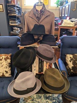 Dashing felted wool fedoras from our dear friends at Stefeno Hats out of Brewster, MA