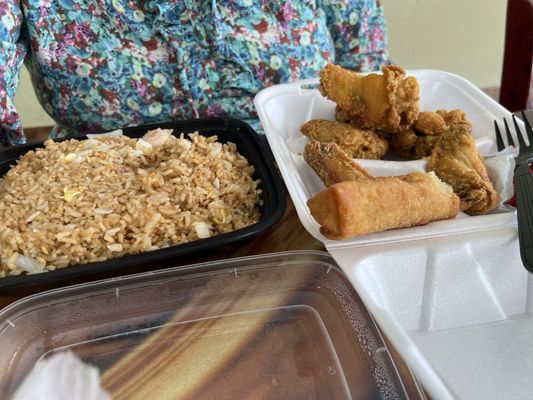 Shrimp Fr Rice, Veggie Egg Roll, fried chicken wings!