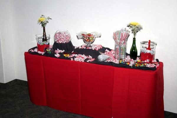 We had a candy buffet table at our wedding and they loaned up some glass jars for the buffet and helped decorate the table.