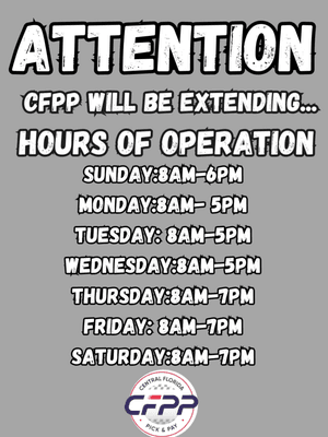 ATTENTION NEW HOURS OF OPERATION #CFPP!!!!