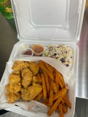 Fish Nuggets, sweet potato fries, coleslaw